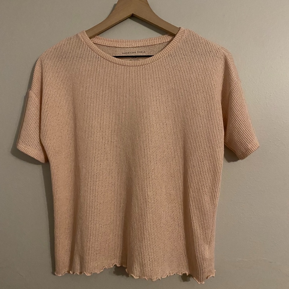 American Eagle Knit Y2K Ruffle Hem Short Sleeve Baby Tee SIZE SMALL